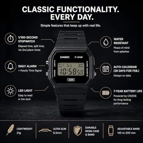 Casio F91W Series | Digital Watch | Water Resistant | LED Light | 1/100 SEC Stopwatch | Regular Time Keeping (HR, Min, SEC, PM, Date, Day) | Daily...